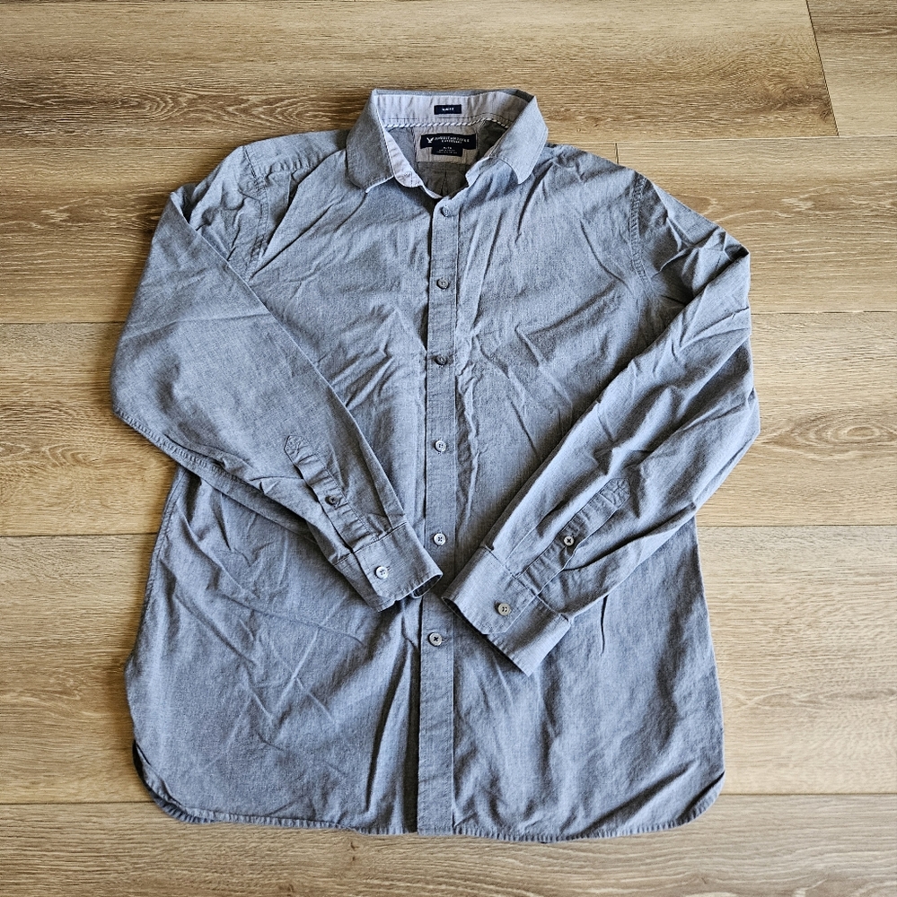 American Eagle Light Gray Long Sleeve Button Up Shirt Slim Fit | XL